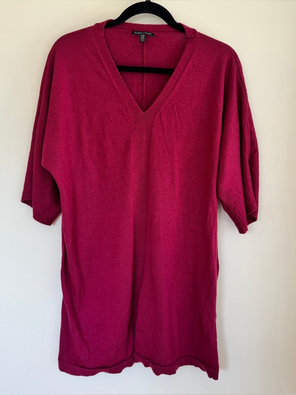 Eileen Fisher Tunic Raspberry Red Merino Wool V-Neck Sweater Dolman Sleeve